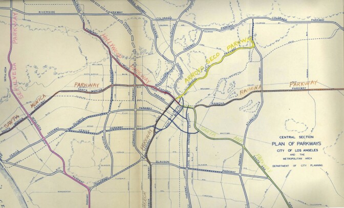 An early master plan of Los Angeles freeways from a 1943 report, Freeways for the Region, courtesy of the Metro Transportation Library and Archive