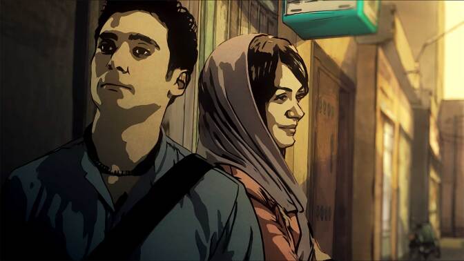 Illustration of a man and a woman stand side to side on a city street. | Still from "Tehran Taboo"