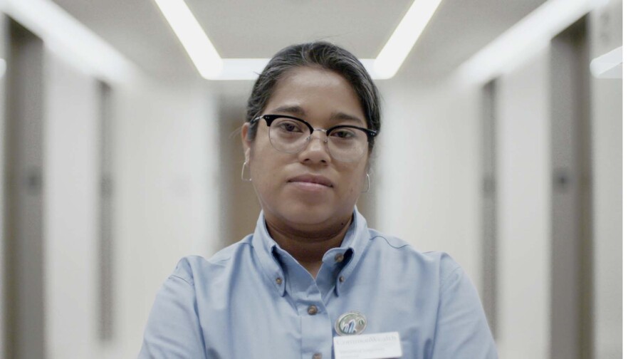 Veronica Lagunas in one of the offices she cleans. | Still from "Nightshift"