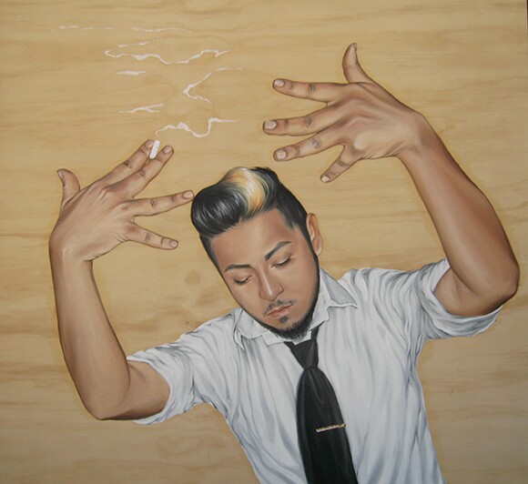 A young man holds his hands up in a portrait drawn on wood by Shizu Saldamando.