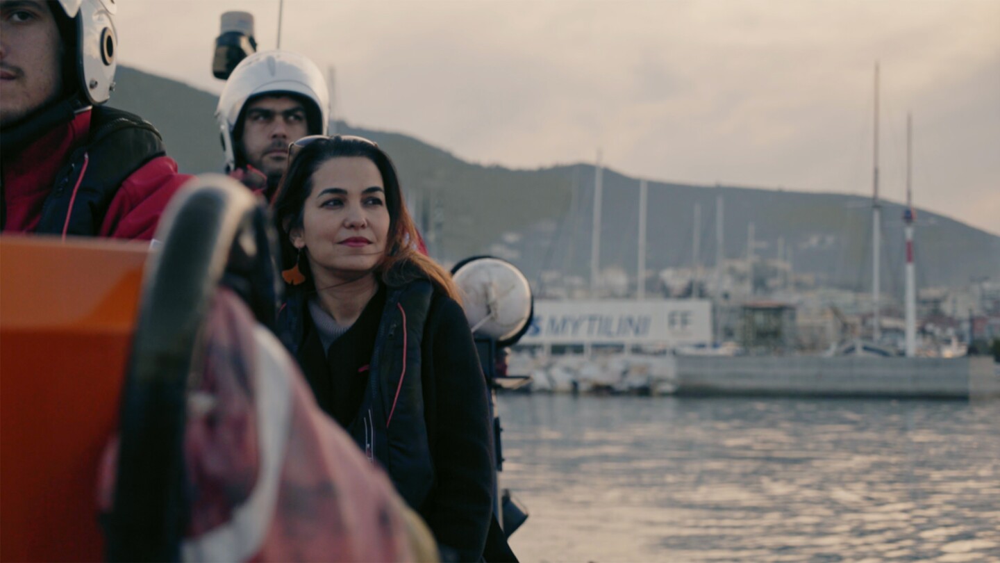 Burcin Becerik-Gerber, USC Dean’s Professor in civil and environmental engineering, originally from Turkey, on a rescue boat with the Hellenic Coast Guard.