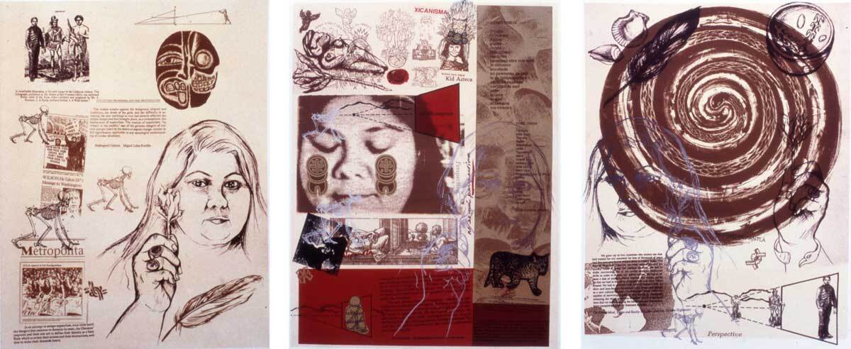 Yreina D. Cervántez "The Nepantla Triptych: Nepantla, Mi Nepantla, Beyond Nepantla," 1995-1996 Lithograph | Courtesy of El Nopal Press