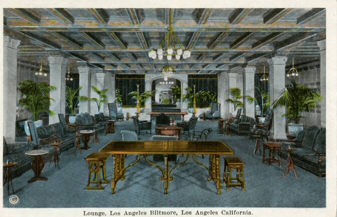 Circa 1930s/40s postcard of the Biltmore Hotel lounge, courtesy of the James H. Osborne Photograph Collection, CSUDH Archives.