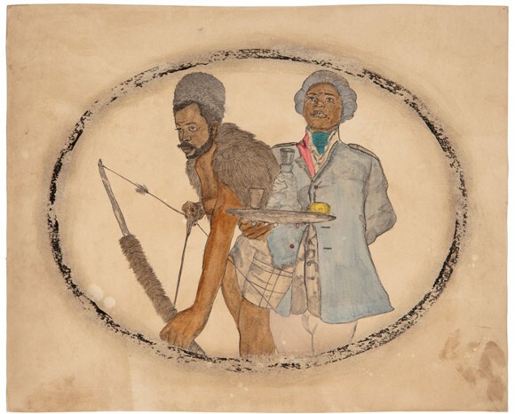 Frohawk Two Feathers, "Scenes from the Veld 2: Hunter-gatherer of the veld and the spectre of his future, a servant," 2011. Acrylic, ink and tea on paper. 16 x 20 in. | Image: Courtesy of Morgan Lehman and the artist.
