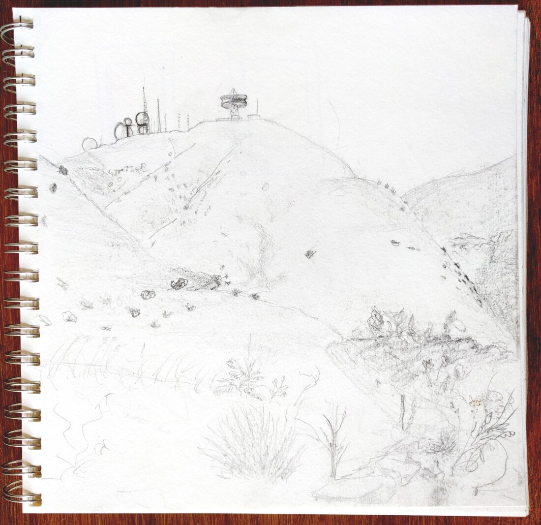 Sketch of Laguna Peak Tracking Station, 2016. Pencil on paper | Conor Collins