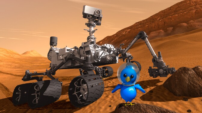 Artist concept featuring NASA's Mars Science Laboratory Curiosity rover along with an illustrated astronaut bird. | NASA/JPL-Caltech
