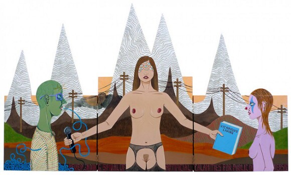 Ed Templeton, "Vicarious Living," 2010, triptych, acrylic on panel, 115.6 x 68.6 centimeters.