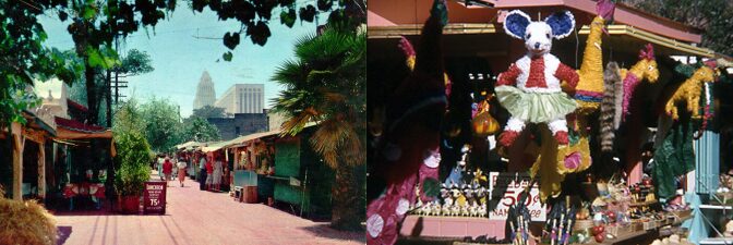 Olvera Street postcard with City Hall in the background from the Security Pacific National Bank Collection (left) and Olvera Street during a Cinco de Mayo Festival by Mike Mullen | Los Angeles Public Library Olvera Street AB s9