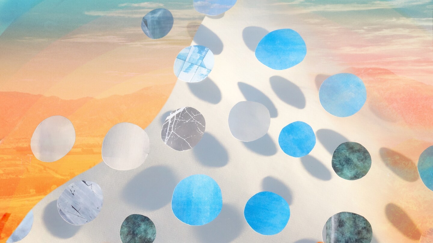 Impressionistic dots of blue and greens with a mountain background.