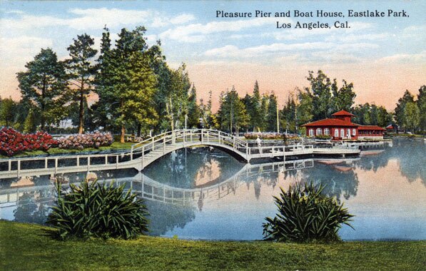 Eastlake Park's pleasure pier and boat house, circa 1915. Courtesy of the Werner Von Boltenstern Postcard Collection, Department of Archives and Special Collections, Loyola Marymount University Library.
