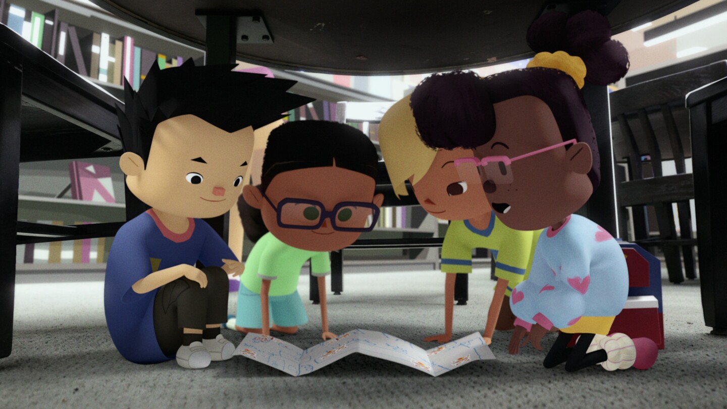 Four animated characters— Peter, Zelda, Thomas and Eva— in Elizabeth Ito's "City of Ghosts" sit under a library table, huddled around a paper map.