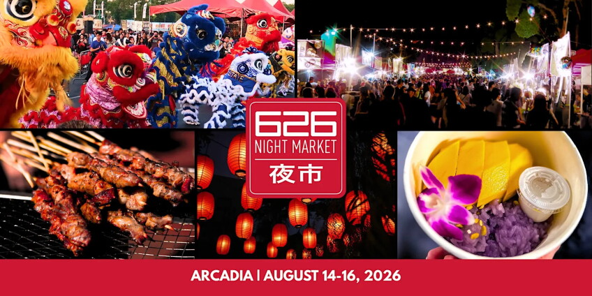 626 Night Market, event banner with 5 different images all layed out next to each other, featuring food, red lanterns, crowds of people and more 