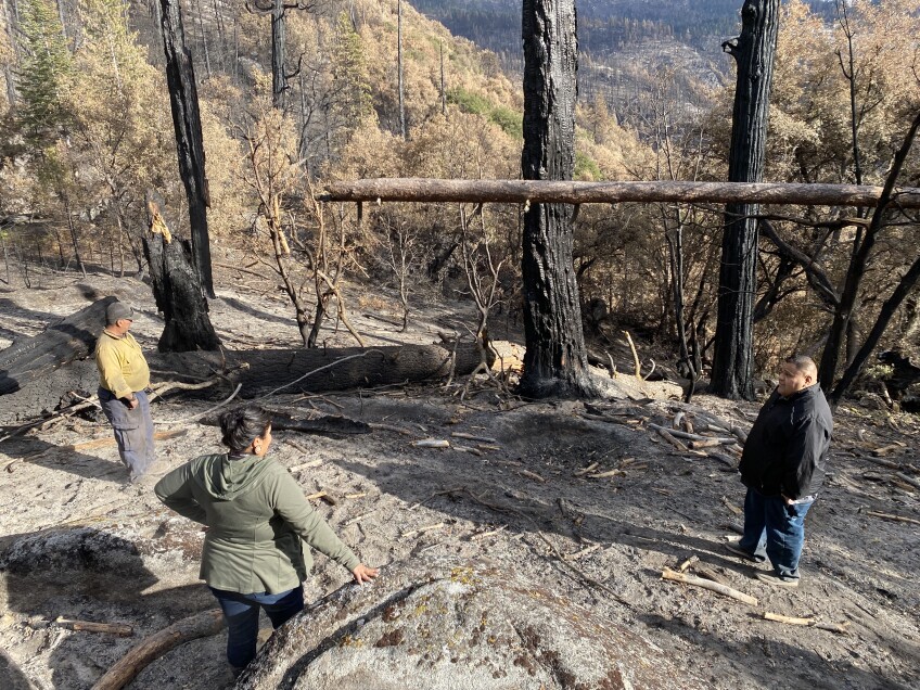 Three members of the Tule River Tribe inspect a historic cultural site impacted by wildfire