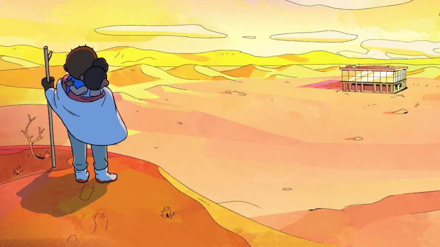 A still from the short animated film "Wolf and Cub" depicts a Black father and son standing at the edge of a cliff, looking off to a vast desert landscape. In the middle of the desert landscape is a building. The son is piggy-backed on the father's shoulders and the father is holding some sort of staff.