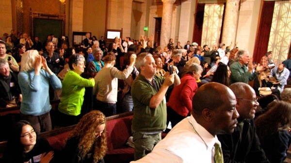 The large crowd at today's meeting gave a joyous reaction after the L.A. City Council unanimously moved the fracking proposal forward. | Photo: Courtesy Kent Minault