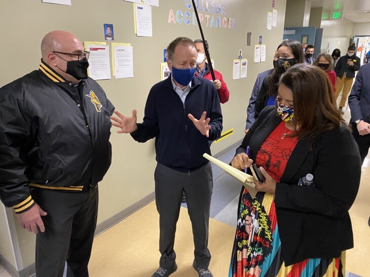 L.A. Unified School District Superintendent Austin Beutner (center), United Teachers Los Angeles president Cecily Myart-Cruz (right) and Panorama High School principal Joe Nardulli lead reporters on a school tour to show off safety preparations made to welcome students back in the spring.