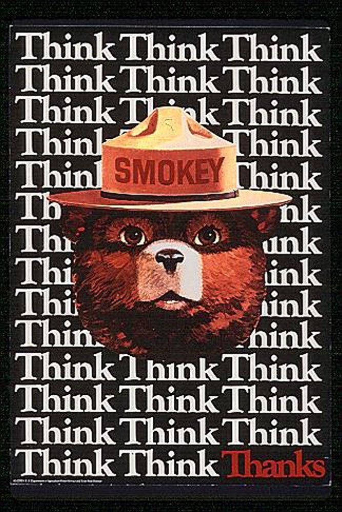 Poster of Smokey Bear with mottos and Smokey wearing the signature hat.