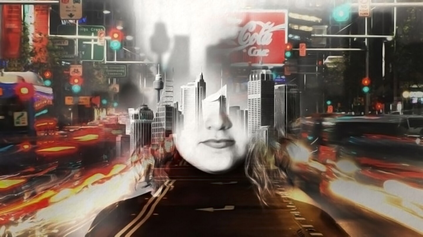 Graphic of a girl's face fading into a busy cityscape. | Still from "Four Corners" episode "I Am That Girl"