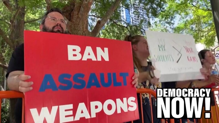 Demonstrators hold up signs protesting against weapons.