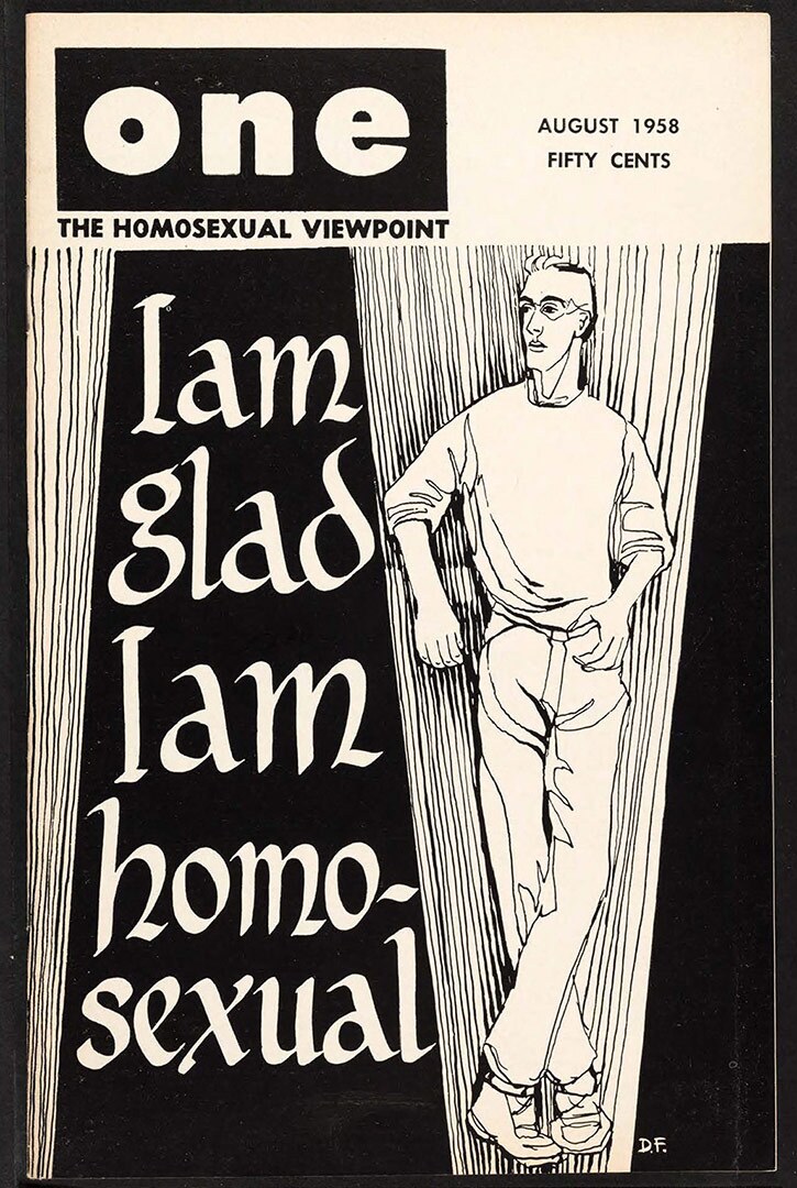 ONE magazine, volume 6, number 8 (1958 August). | Dawn Frederic, cover, ONE National Gay and Lesbian Archives, USC Libraries