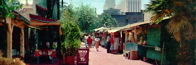 Olvera Street postcard with City Hall in the background from the Security Pacific National Bank Collection | Los Angeles Public Library Olvera Street