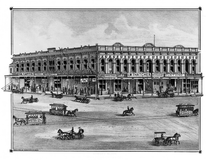 Horses and horse-drawn vehicles race past the Downey Block in this 1880 lithograph from Thompson and West's history of Los Angeles County. Courtesy of the USC Libraries - California Historical Society Collection.