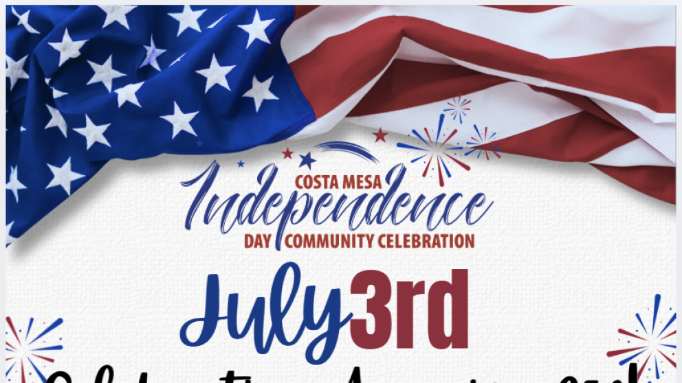 Costa Mesa Independence Day Community Celebration, flyer with event information and an American flag at the top