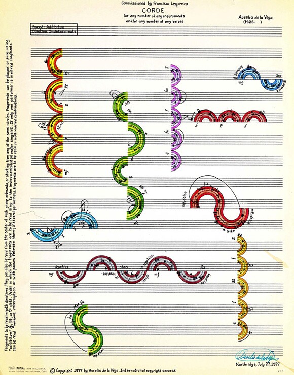 Aurelio de la Vega Composition "Corde," 1977, Aurelio de la Vega Collection. | Cuban California Archive USC Libraries Special Collections.