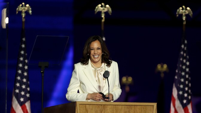 Vice President-elect Kamala Harris speaks on stage at the Chase Center before President-elect Joe Biden's address to the nation November 07, 2020 in Wilmington, Delaware. | Tasos Katopodis/Getty Images