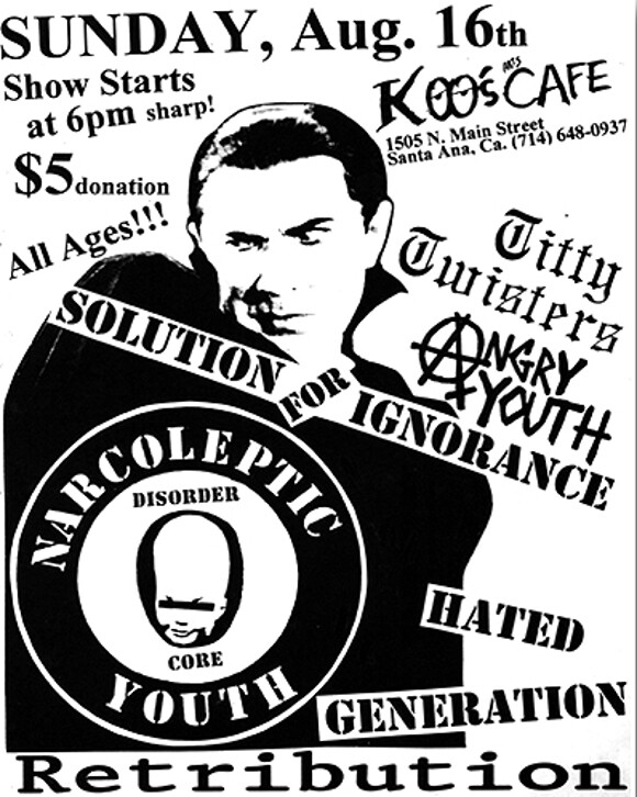 Narcoleptic Youth flyer, Koo's Cafe, 1998, by Joey Bondage. | Courtesy of <a href='http://www.gigposters.com/poster/1295_Titty_Twisters.html'>Gig Posters</a>.