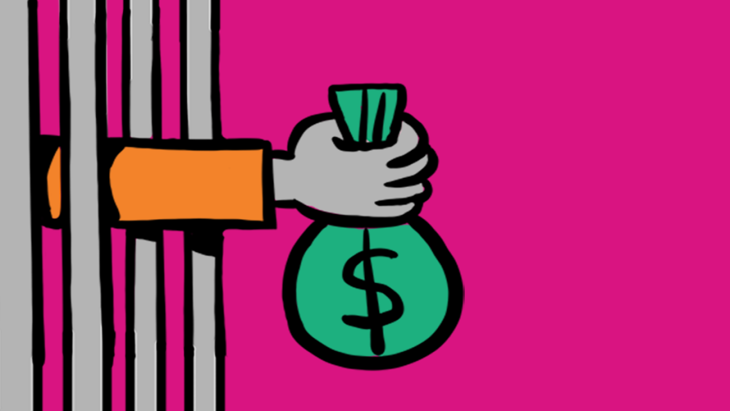 Cartoon of a hand holding a bag of money reaching out of a jail cell