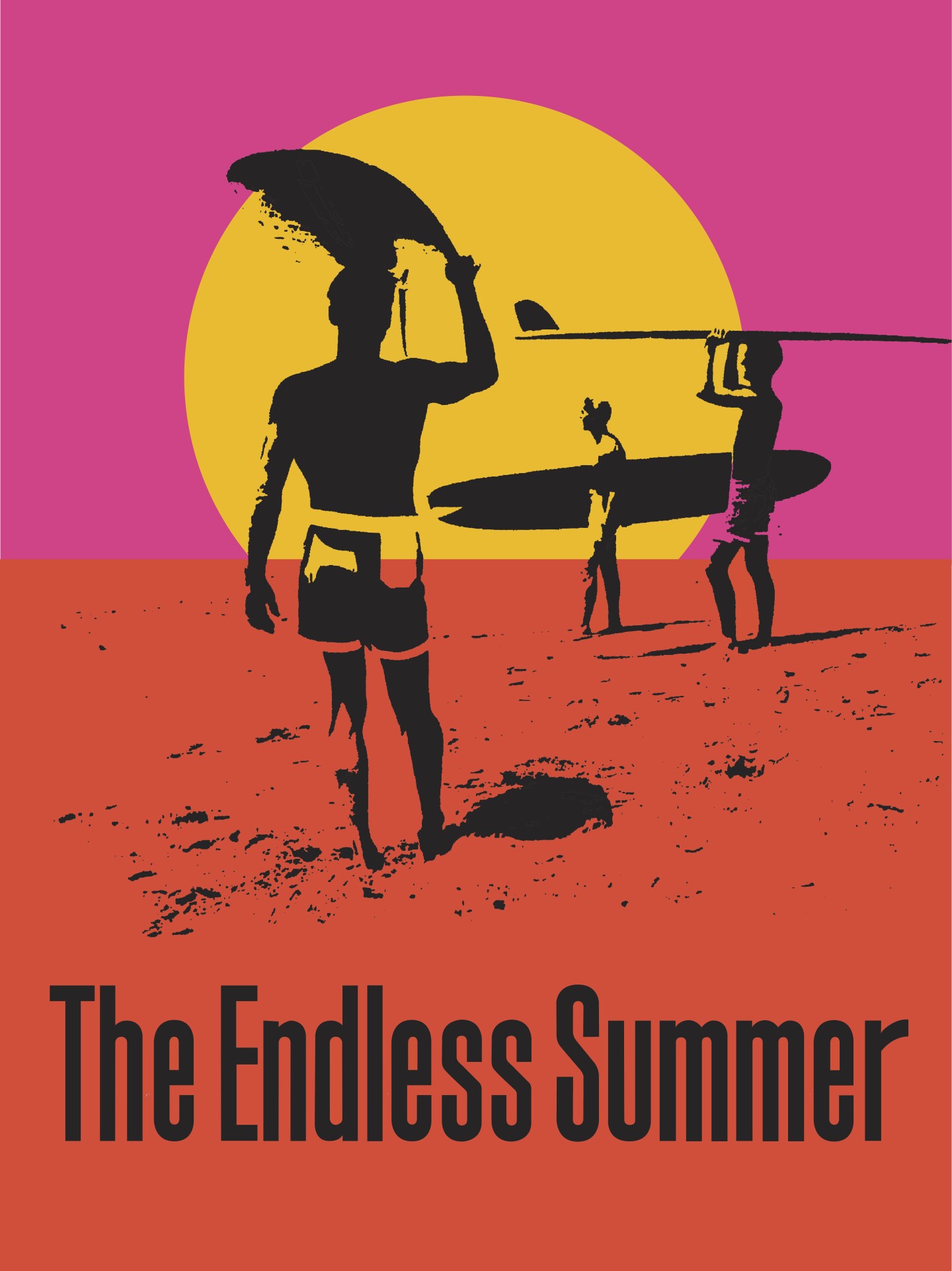 A graphic poster by John Van Hamersveld of a man carrying a surfboard rendered in bright colors is an iconic piece of California graphic design.