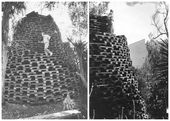 Daniel Van Meter on his Tower of Pallets, n.d. | Image courtesy of Angel City Press and CSUN.