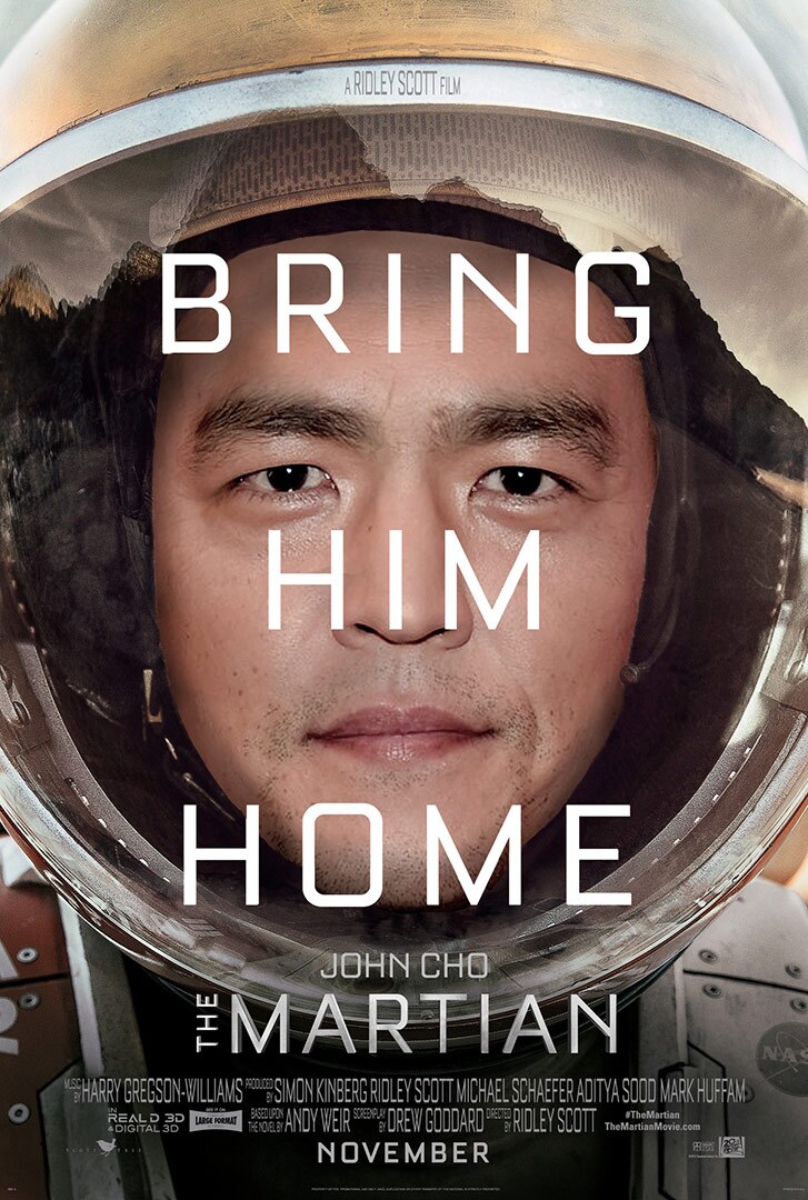 Close up of the face of an Asian American man wearing a space suit with the words "Bring Him Home" on top.