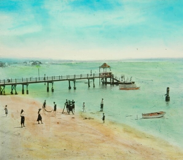 Lantern slide of bathers on Alamitos Bay Beach, circa 1925. LS.13675 (Braun Research Library Collection, Autry National Center)