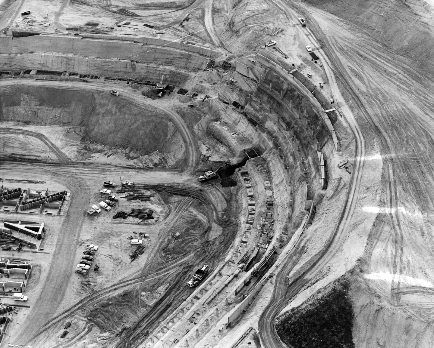 A closer 1961 aerial view of the stadium under construction. Courtesy of the Photo Collection - Los Angeles Public Library.