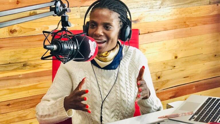 Ndapewoshali Shapwanale during a talk show on Eagle FM in Windhoek, Namibia, April 2020.  | Shelleygan Petersen/Handout via Thomson Reuters Foundation