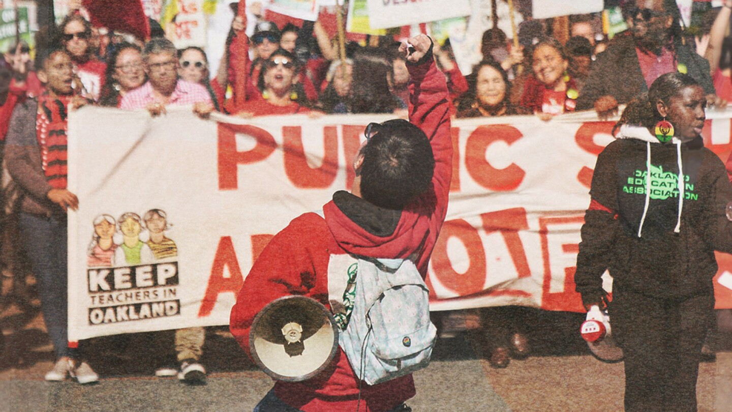 People marching during the Oakland teacher strike. | Image from "City Rising: Youth & Democracy"