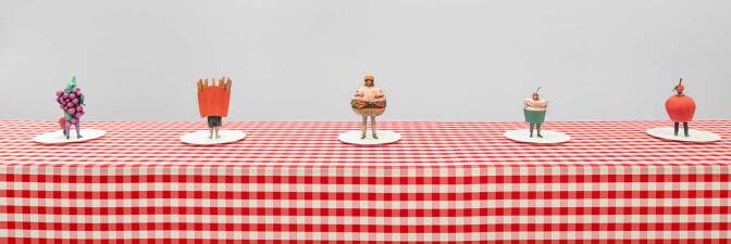 “The Food Group: Genesis” displayed at Honor Fraser Gallery, Los Angeles. Fast food costumes worn by people and shrunken down into the fast food’s regular scale using 3D scanning and printing, March 15, 2019. | AP Photo/Ry Rocklen