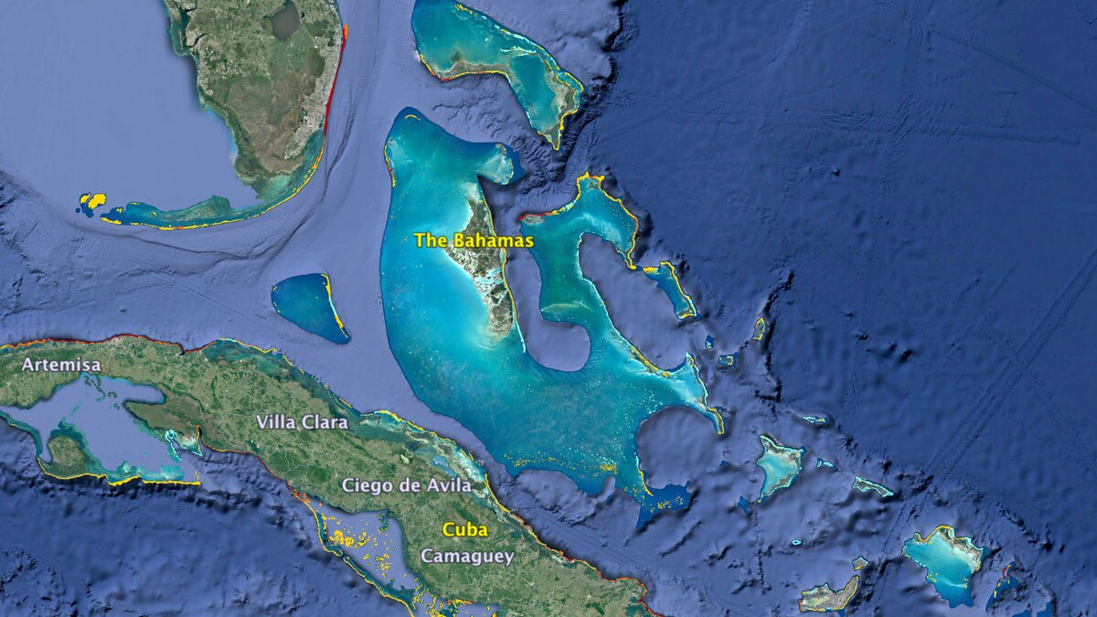 Reefs in Florida, the Bahamas, and the Northern Caribbean | Map: KCET/Google Earth/WRI