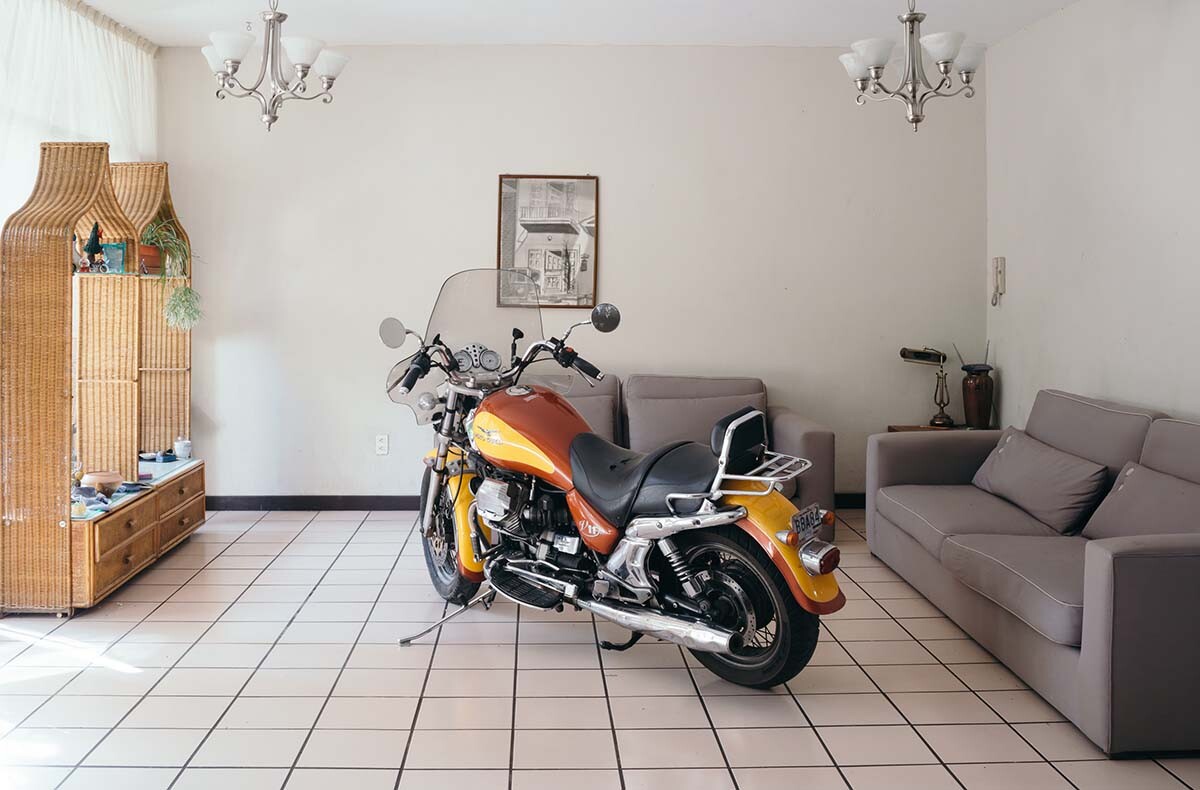 Carmen Argote, "If it were only that easy...," 2018. Moto Guzzi V11 motorcycle in Guadalajara, in the artist's father's house | Courtesy of the artist