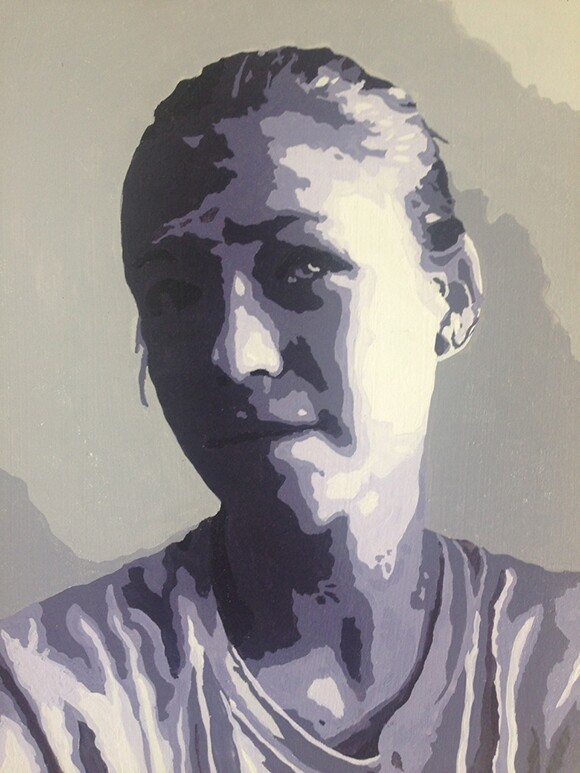 Self-Portrait by teenage student Gabi vanderVelde-Kraft, 2014, gouache on panel, monochromatic self-portrait, 9x12