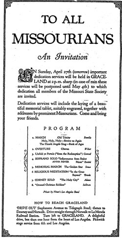 Invitation to all Missourans for a Missouri State Society gathering, with the Hiner Band performing | Los Angeles Times, April 26, 1924