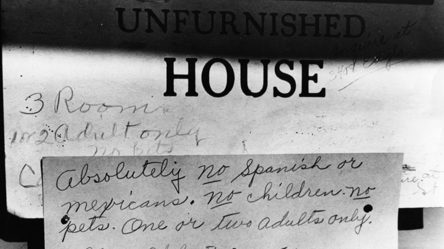 For rent sign for an unfurnished house reads: "Absolutely no Spanish or Mexicans. No children. No pets. One or two adults only. Phone Atlantic 2-9052." | Los Angeles Public Library