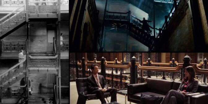 The Bradbury Building in film: "The Artist" (left), "Blade Runner" (top-right), and "500 Days of Summer" (bottom-right)