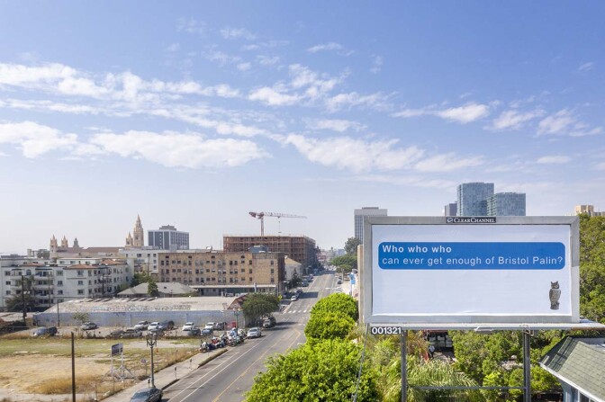 Larry Johnson, "Bristol," 2020. Billboard at Hoover St. and W. Seventh St., Los Angeles 90005. Courtesy of the artist, David Kordansky Gallery, Los Angeles, and 303 Gallery, New York. "Made in L.A. 2020: a version." | Joshua White