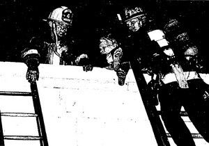 Firemen rescue a child and an elderly woman from the Hotel Californian | Image from L.A. Times article dated June 17, 1981