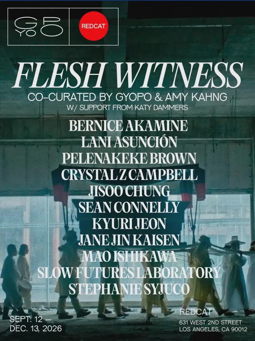FLESH WITNESS Co-curated by GYOPO and Amy Kahng, event poster with a photo of the group exposition with the artist names on top 