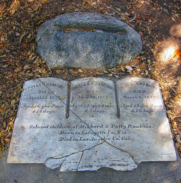 The gravesite of Polly, age 16, Estella, age 13, and Albert, age 19, in Monrovia Canyon Park. The children are no longer interred at this site. | Photo: Daniel Medina