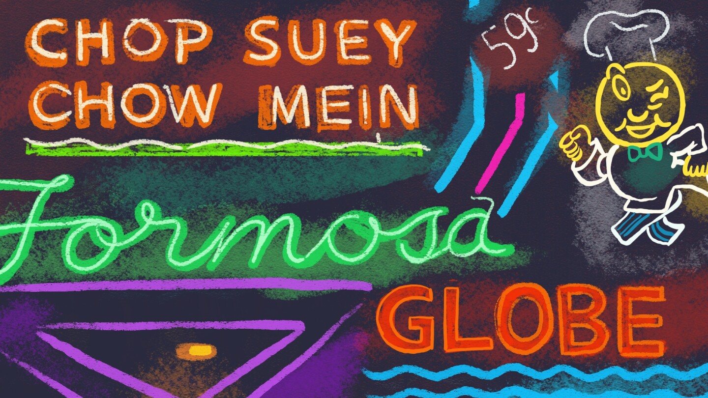 An illustration of some eye-catching signs on Route 66 establishments, which include those Formosa Cafe, Globe Theater and China Cafe.